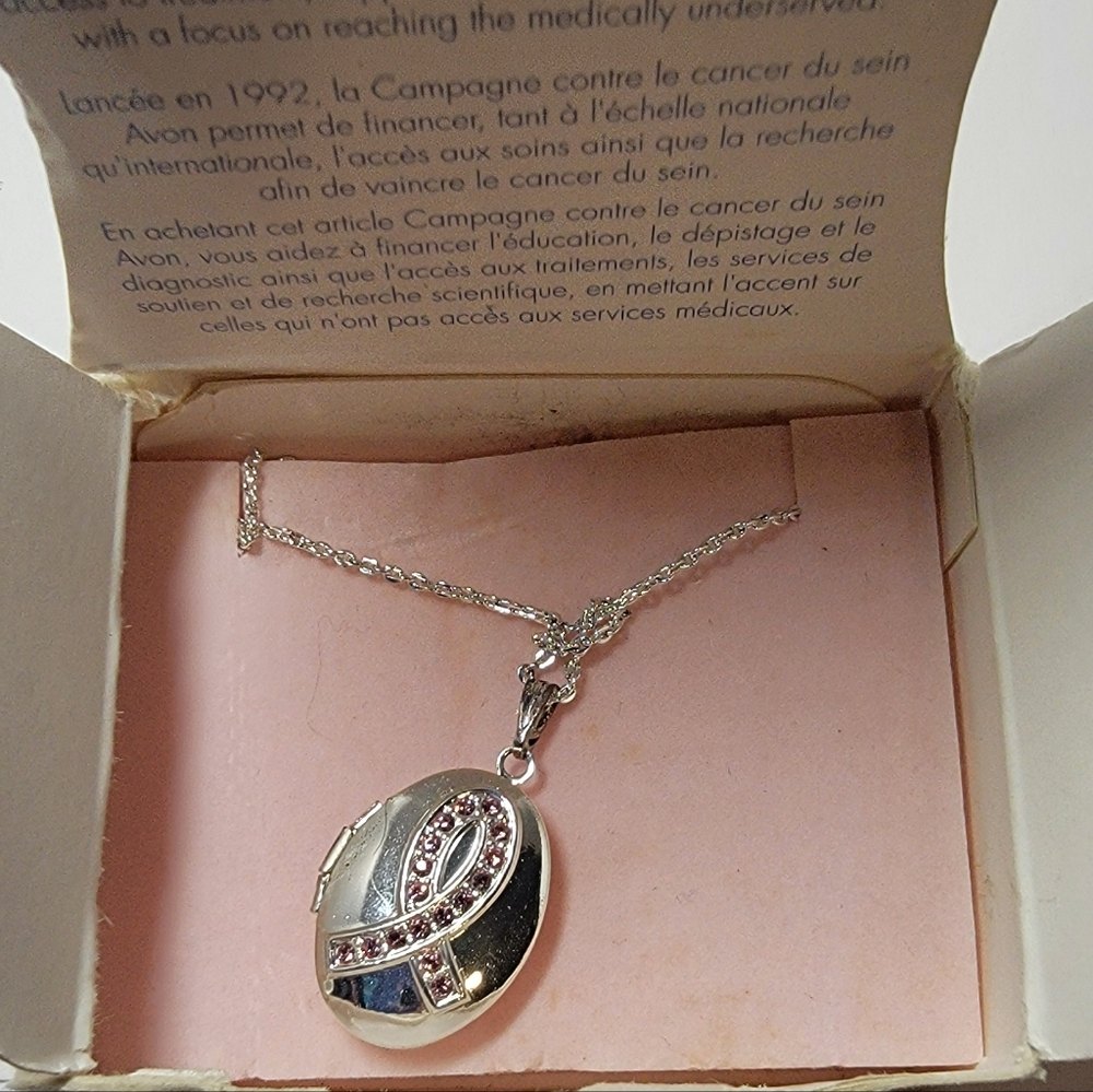 Avon 2007 Silver Necklace with Pink Ribbon Breast Cancer Awareness Locket NIB
